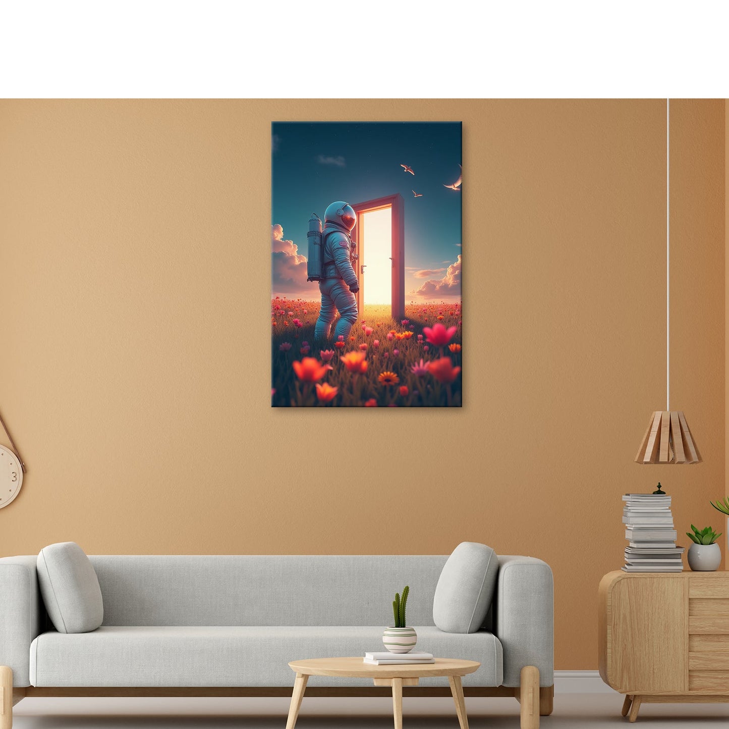 Leinwandbild Ein Astronaut betritt das Licht – Traum trifft Unendlichkeit. - deyoli