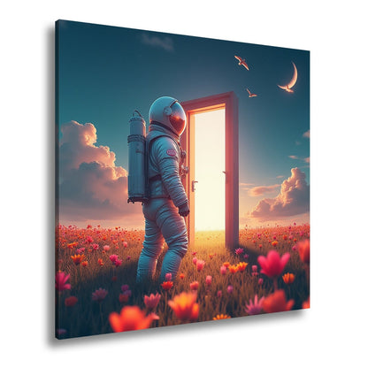 Leinwandbild Ein Astronaut betritt das Licht – Traum trifft Unendlichkeit. - deyoli