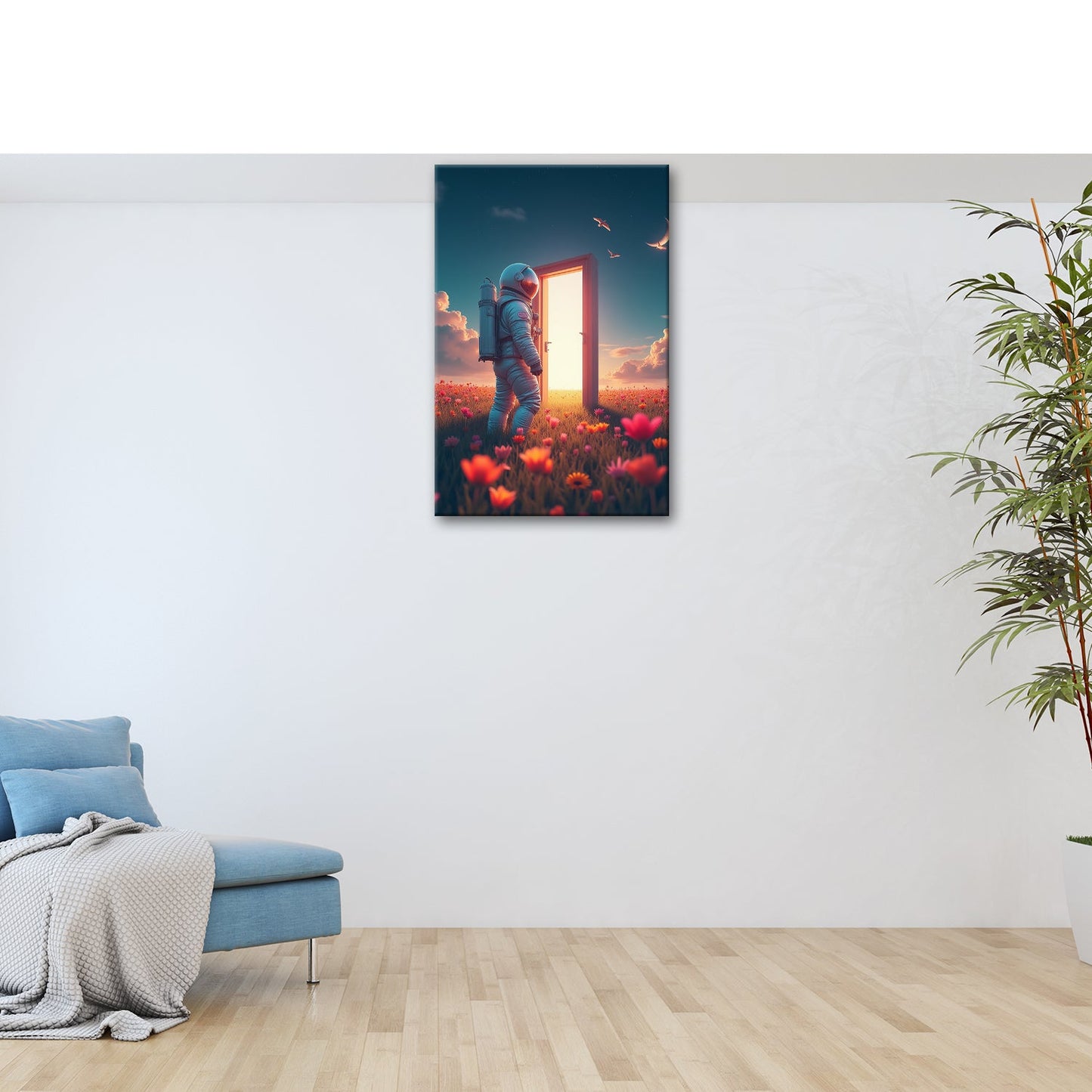 Leinwandbild Ein Astronaut betritt das Licht – Traum trifft Unendlichkeit. - deyoli