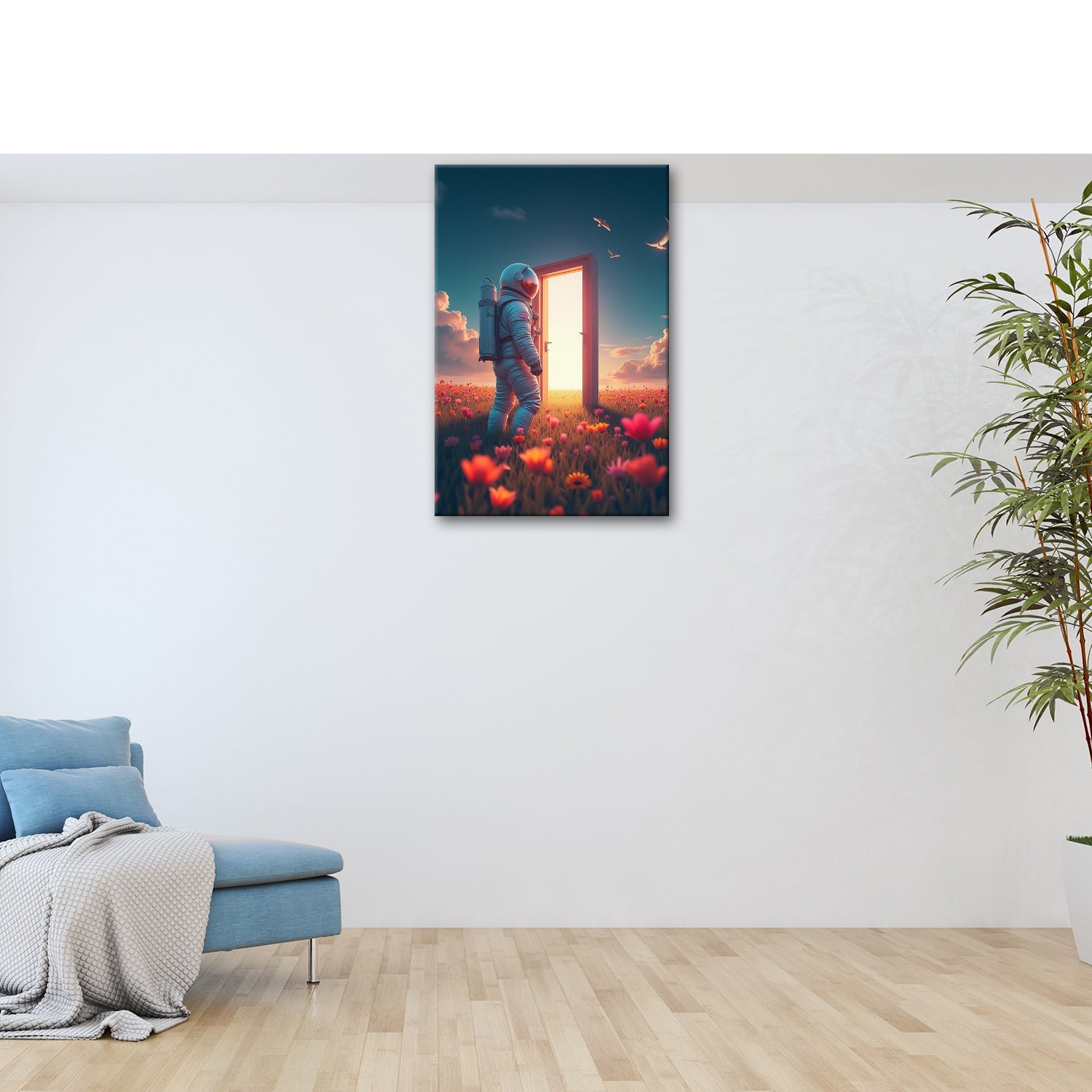 Leinwandbild Ein Astronaut betritt das Licht – Traum trifft Unendlichkeit. - deyoli