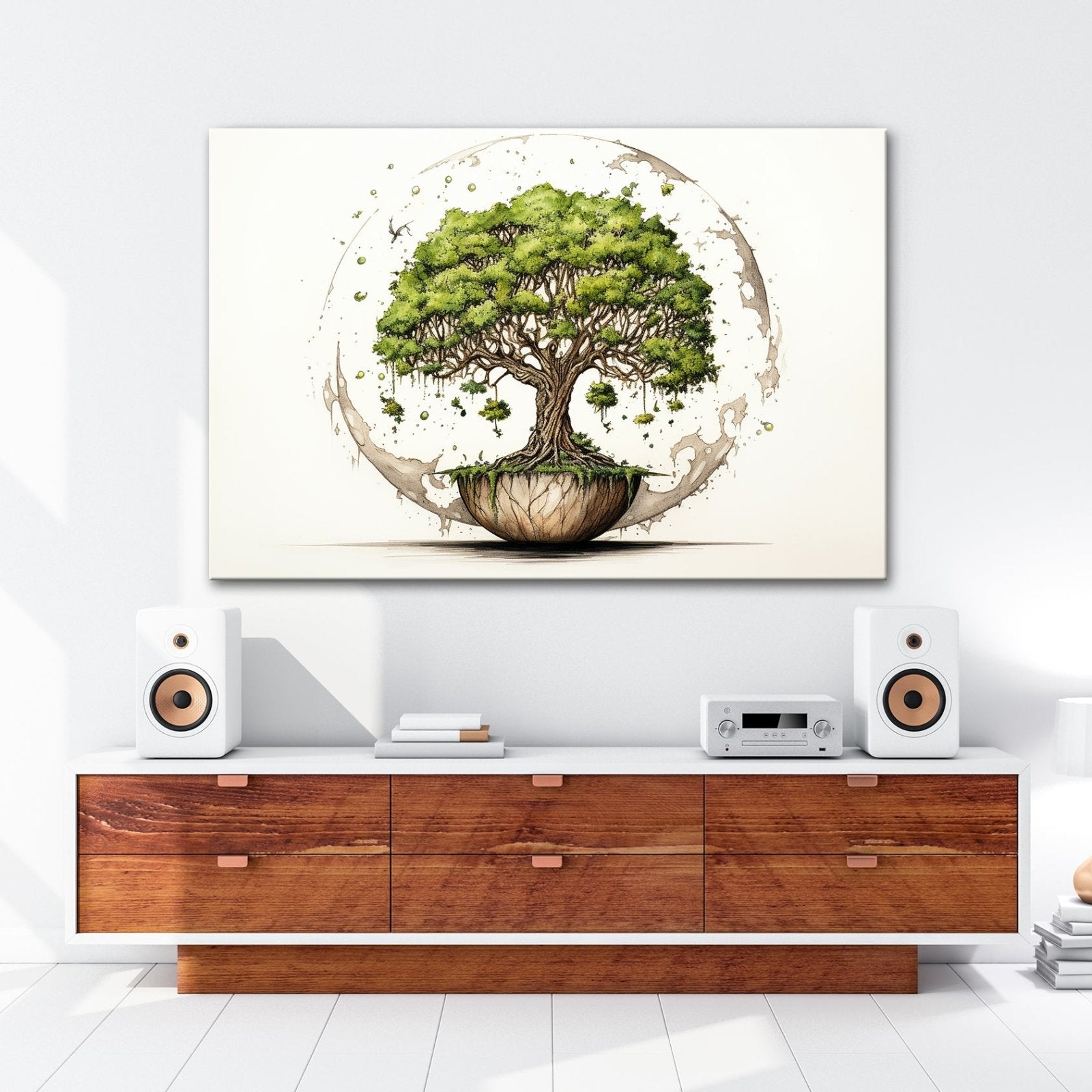 Leinwandbild Ein Baum der Welten schwebt in stiller Balance. - deyoli