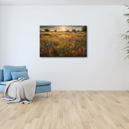 Leinwandbild Ein Blütenmeer erwacht im goldenen Morgenlicht. - deyoli