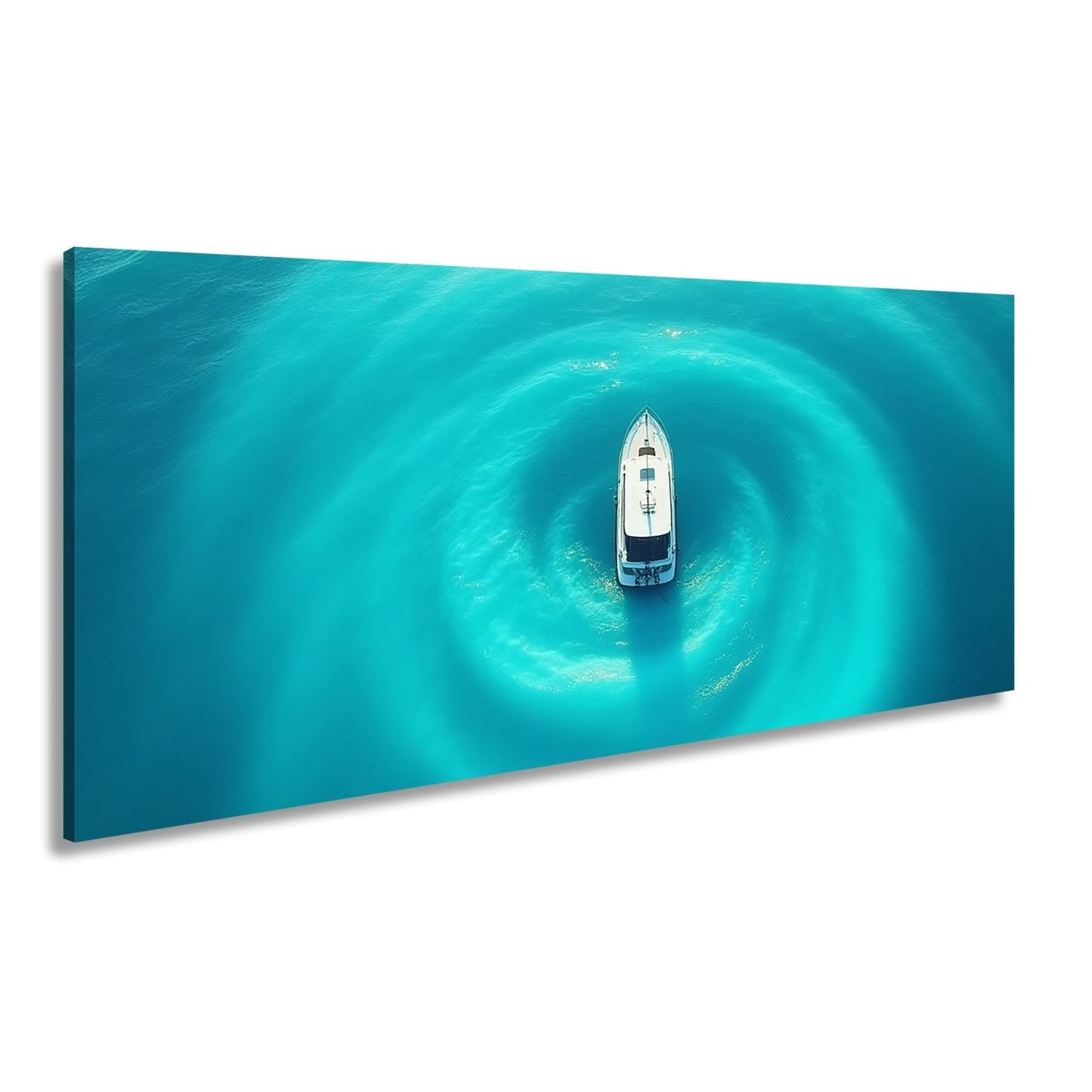 Leinwandbild Ein Boot ruht im Zentrum leuchtender Wasserwellen. - deyoli