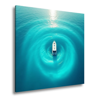 Leinwandbild Ein Boot ruht im Zentrum leuchtender Wasserwellen. - deyoli