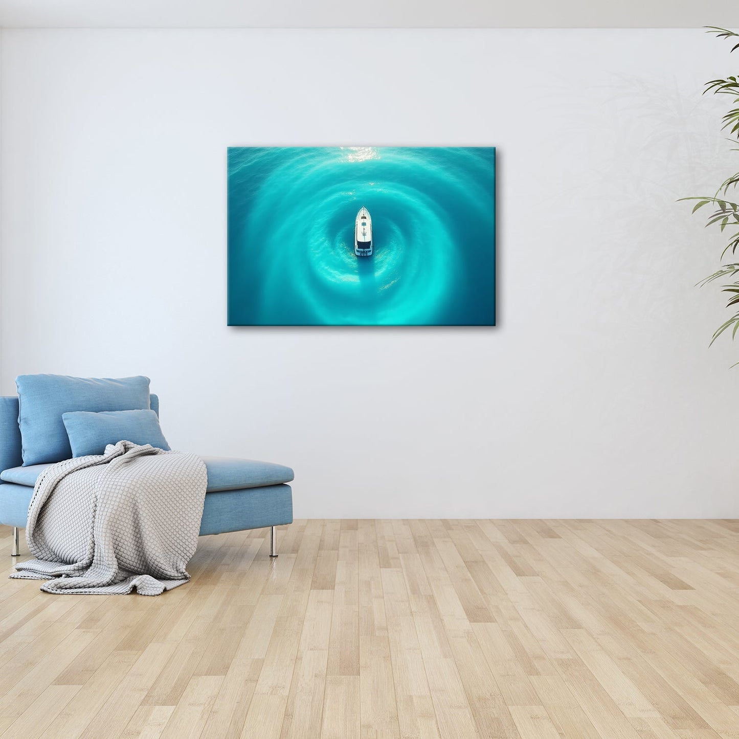 Leinwandbild Ein Boot ruht im Zentrum leuchtender Wasserwellen. - deyoli