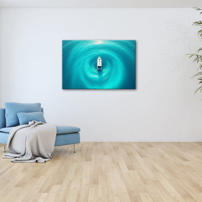 Leinwandbild Ein Boot ruht im Zentrum leuchtender Wasserwellen. - deyoli