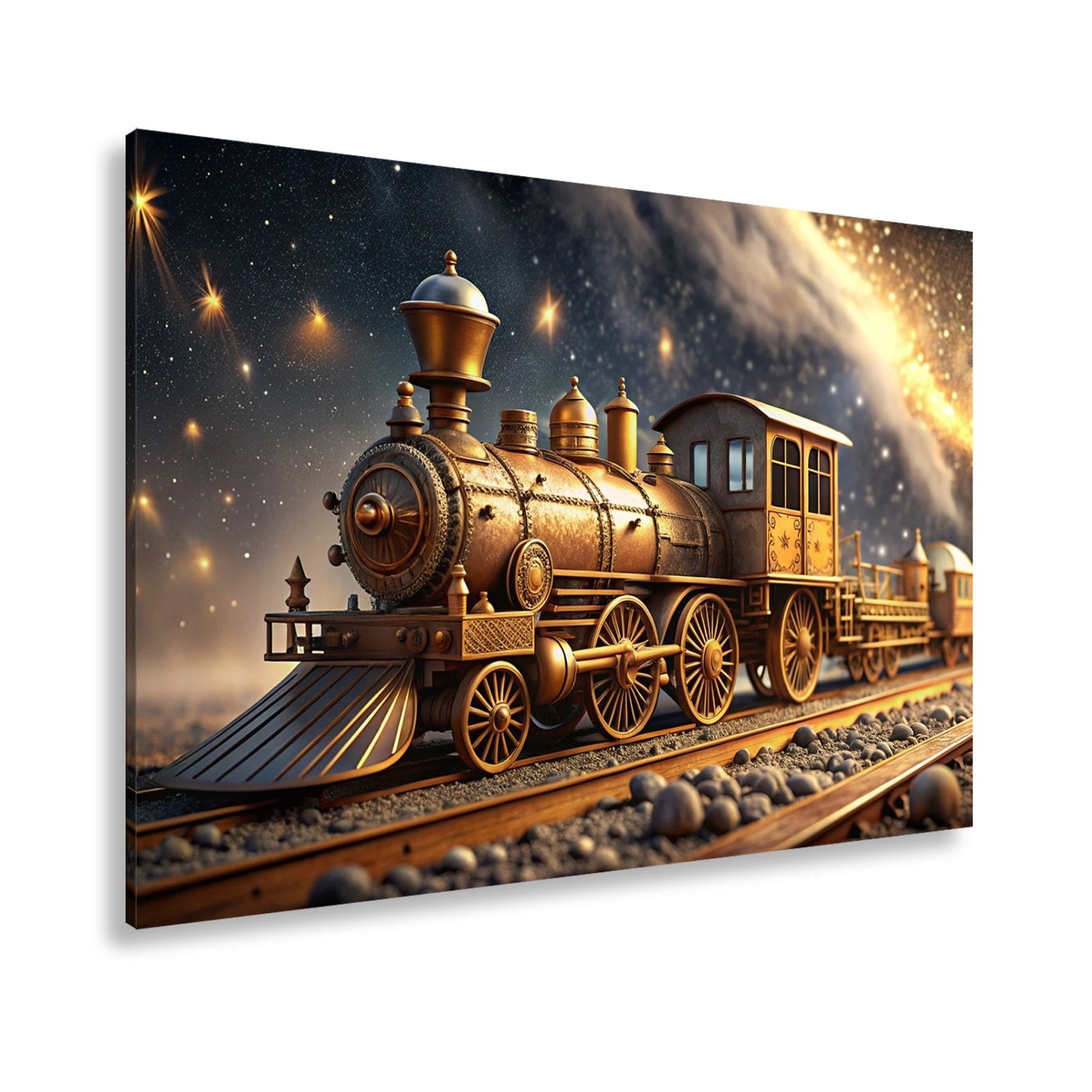 Leinwandbild Ein goldener Zug rollt durch galaktische Träume. - deyoli