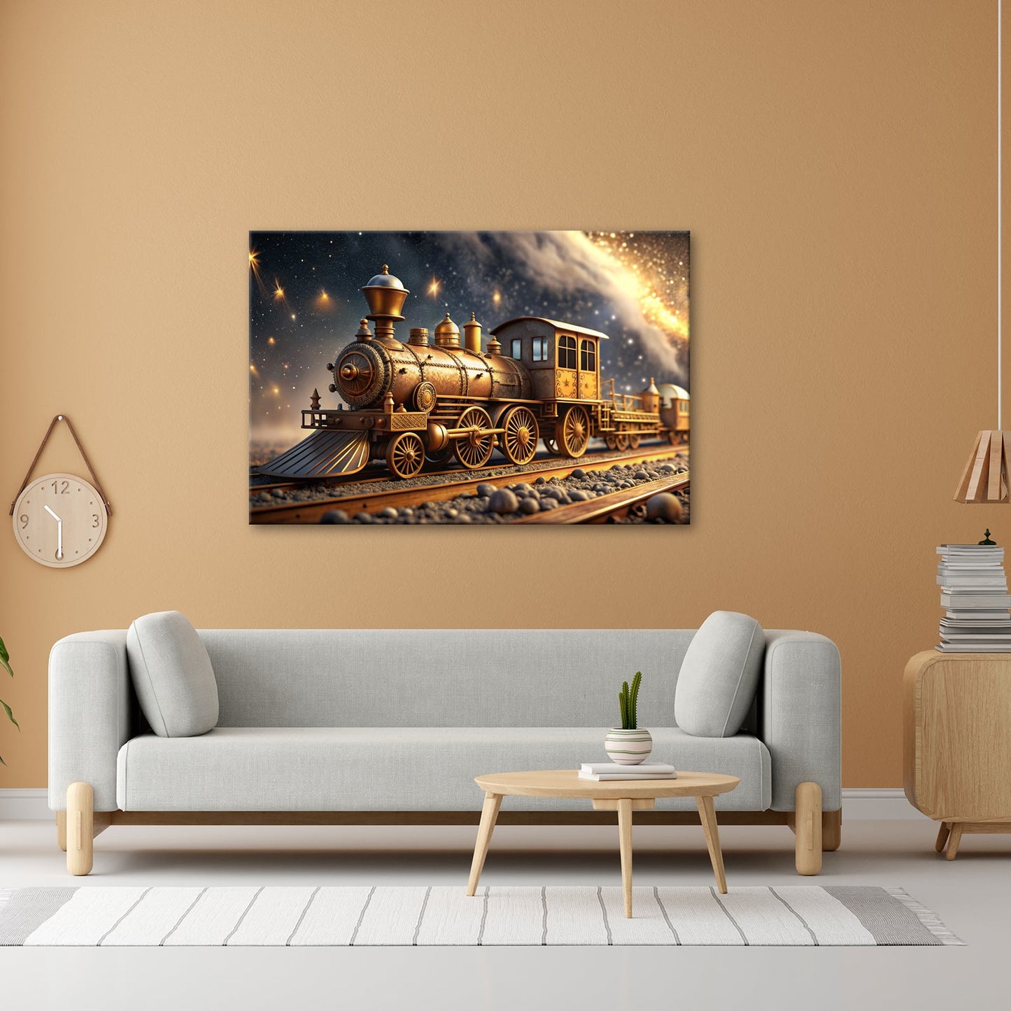Leinwandbild Ein goldener Zug rollt durch galaktische Träume. - deyoli