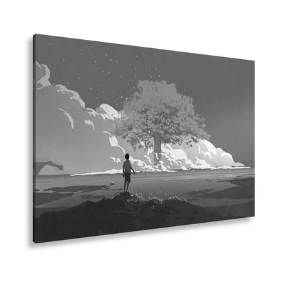 Leinwandbild Ein Junge staunt vor einem glühenden Baum im Meer aus Licht - deyoli