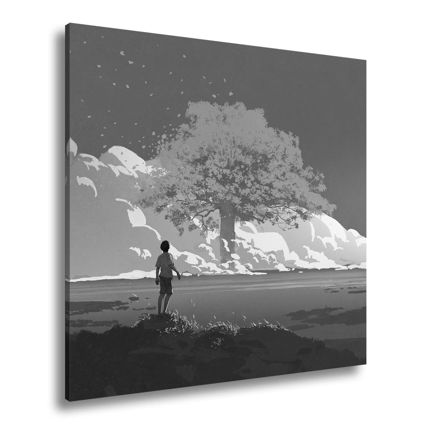 Leinwandbild Ein Junge staunt vor einem glühenden Baum im Meer aus Licht - deyoli
