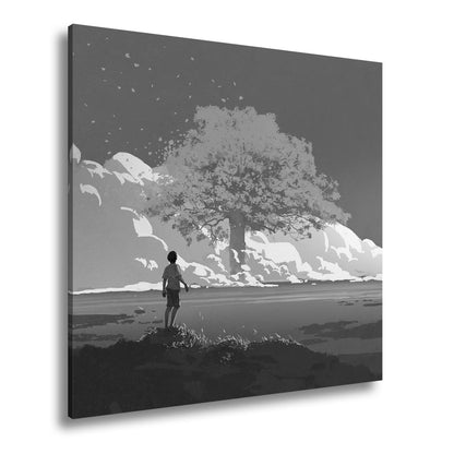 Leinwandbild Ein Junge staunt vor einem glühenden Baum im Meer aus Licht - deyoli