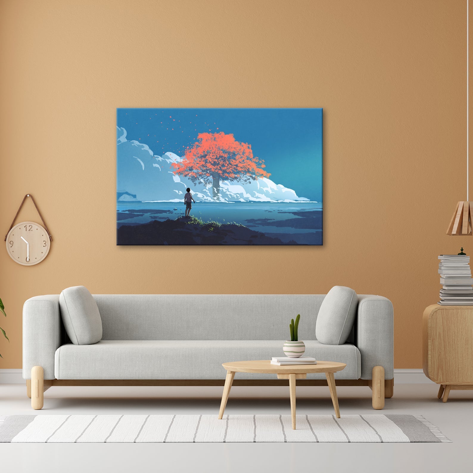 Leinwandbild Ein Junge staunt vor einem glühenden Baum im Meer aus Licht - deyoli