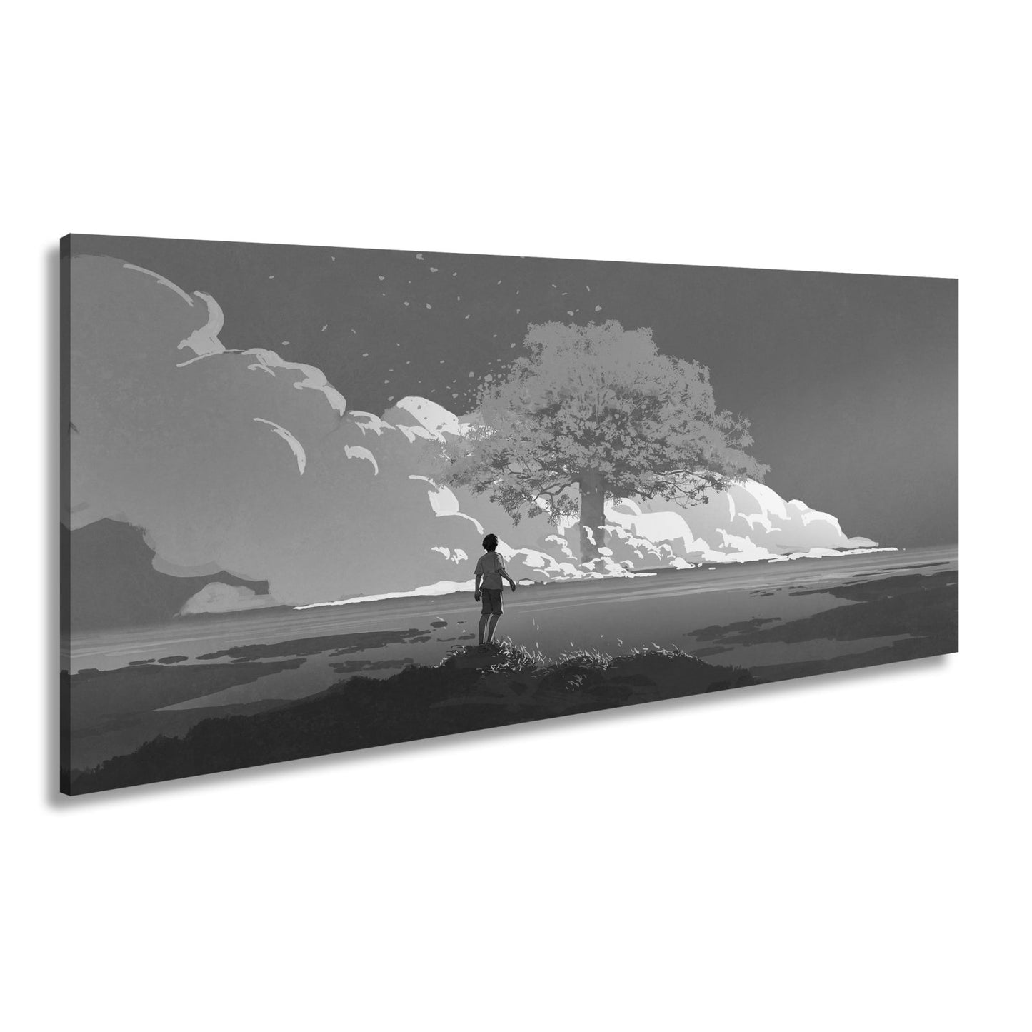 Leinwandbild Ein Junge staunt vor einem glühenden Baum im Meer aus Licht - deyoli