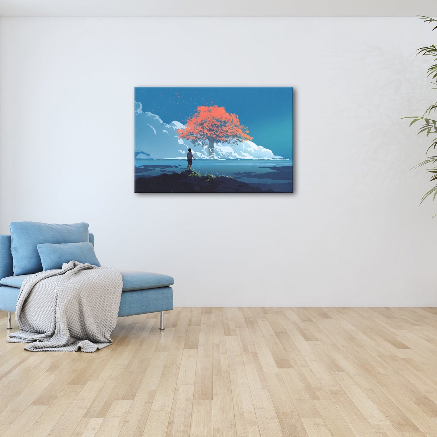 Leinwandbild Ein Junge staunt vor einem glühenden Baum im Meer aus Licht - deyoli
