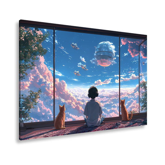 Leinwandbild Ein Junge träumt mit Katzen vom Himmel voller Zukunft. - deyoli