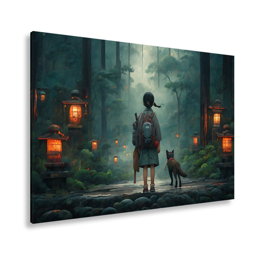 Leinwandbild Ein Kind mit Hund im leuchtenden Wald der Stille. - deyoli