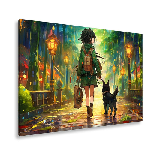 Leinwandbild Ein Mädchen mit Hund auf leuchtendem Pfad ins Wunder. - deyoli