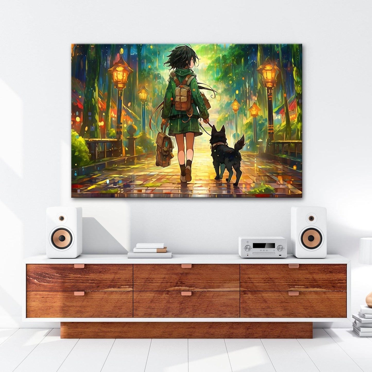 Leinwandbild Ein Mädchen mit Hund auf leuchtendem Pfad ins Wunder. - deyoli