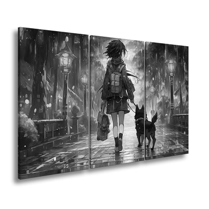 Leinwandbild Ein Mädchen mit Hund auf leuchtendem Pfad ins Wunder. - deyoli