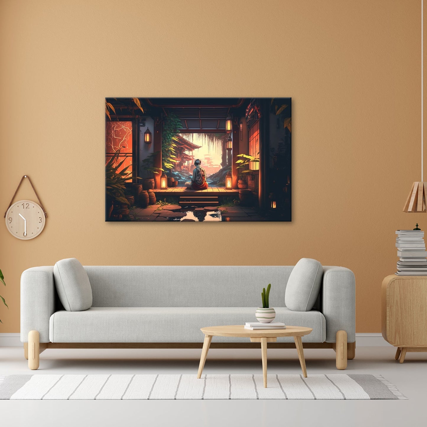 Leinwandbild Ein Mönch ruht, wo Laternen flackern und Zeit stillsteht. - deyoli