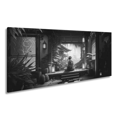 Leinwandbild Ein Mönch ruht, wo Laternen flackern und Zeit stillsteht. - deyoli