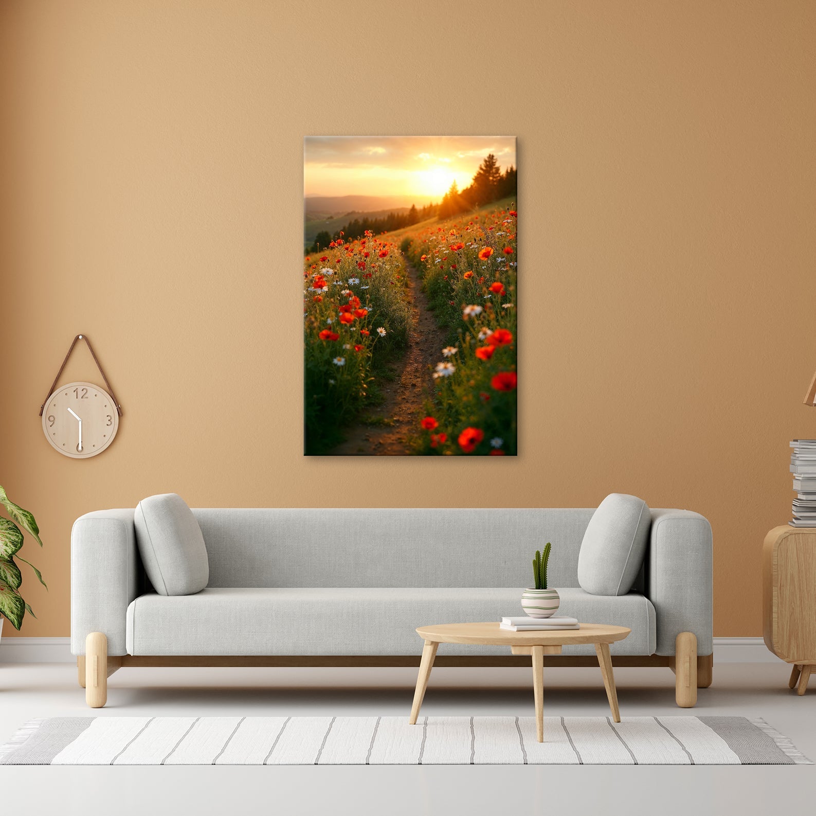 Leinwandbild Ein Pfad aus Licht durch ein Mohnblumenmeer im Abendgold. - deyoli