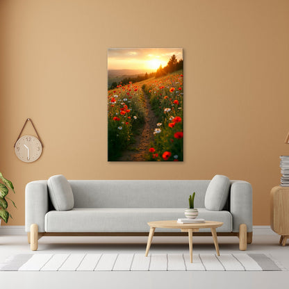 Leinwandbild Ein Pfad aus Licht durch ein Mohnblumenmeer im Abendgold. - deyoli