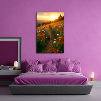 Leinwandbild Ein Pfad aus Licht durch ein Mohnblumenmeer im Abendgold. - deyoli