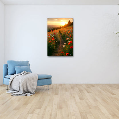 Leinwandbild Ein Pfad aus Licht durch ein Mohnblumenmeer im Abendgold. - deyoli