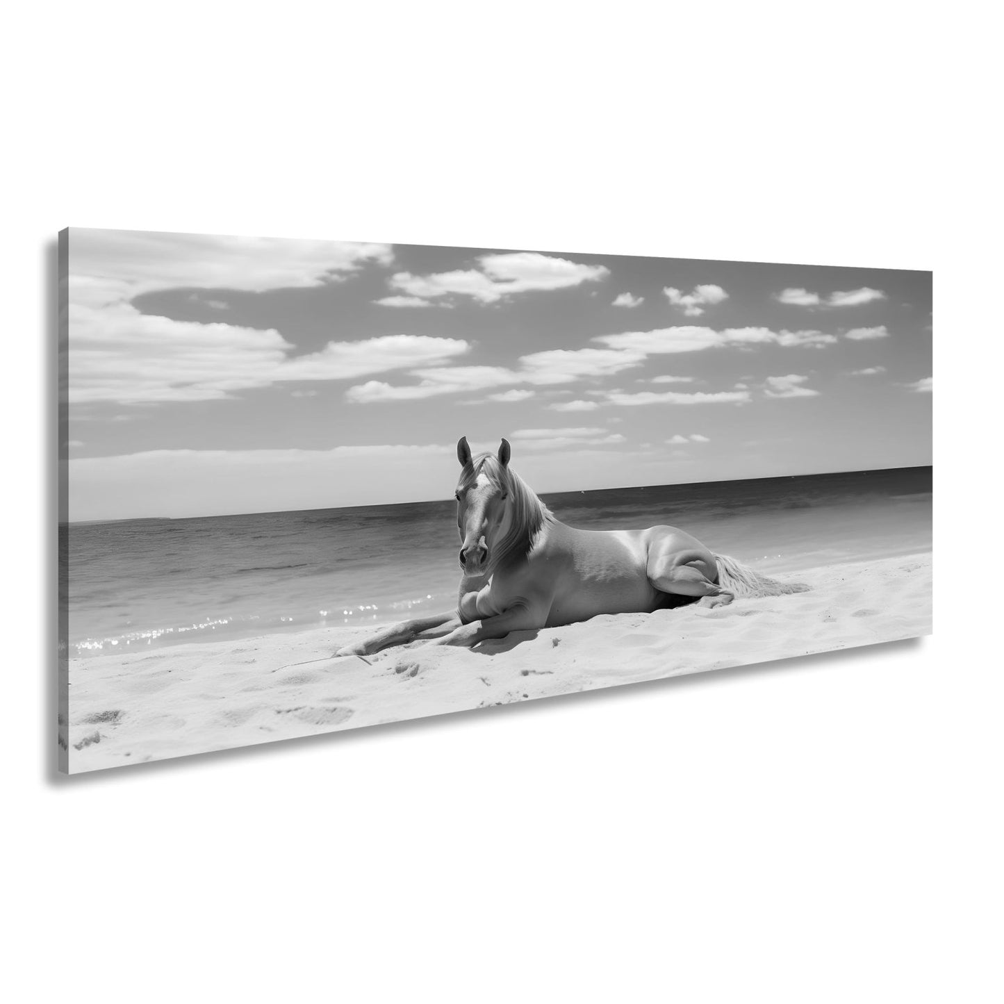 Leinwandbild Ein Pferd ruht am Meer – Gelassenheit in goldener Sonne - deyoli
