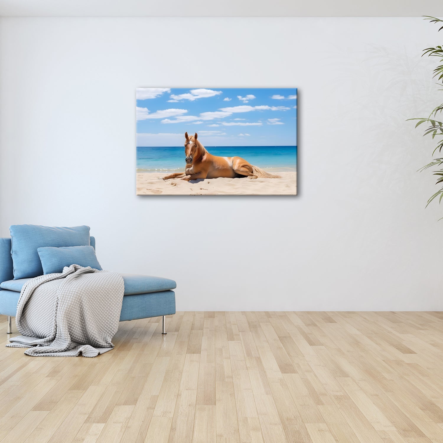 Leinwandbild Ein Pferd ruht am Meer – Gelassenheit in goldener Sonne - deyoli