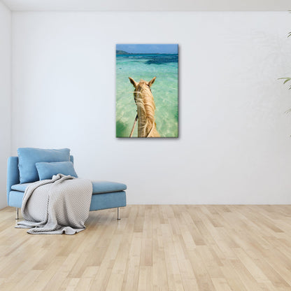 Leinwandbild Ein Pferderücken blickt still aufs türkisfarbene Meer. - deyoli