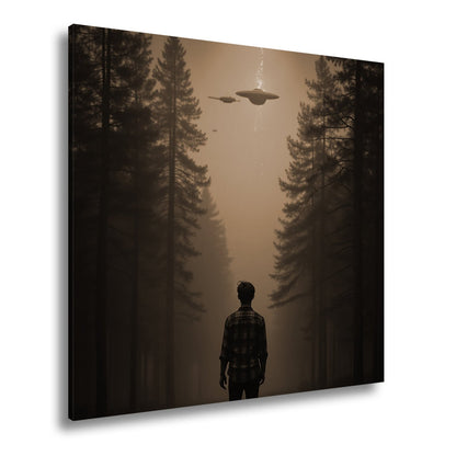 Leinwandbild Ein roter Himmel, Ufos und Staunen im düsteren Wald. - deyoli