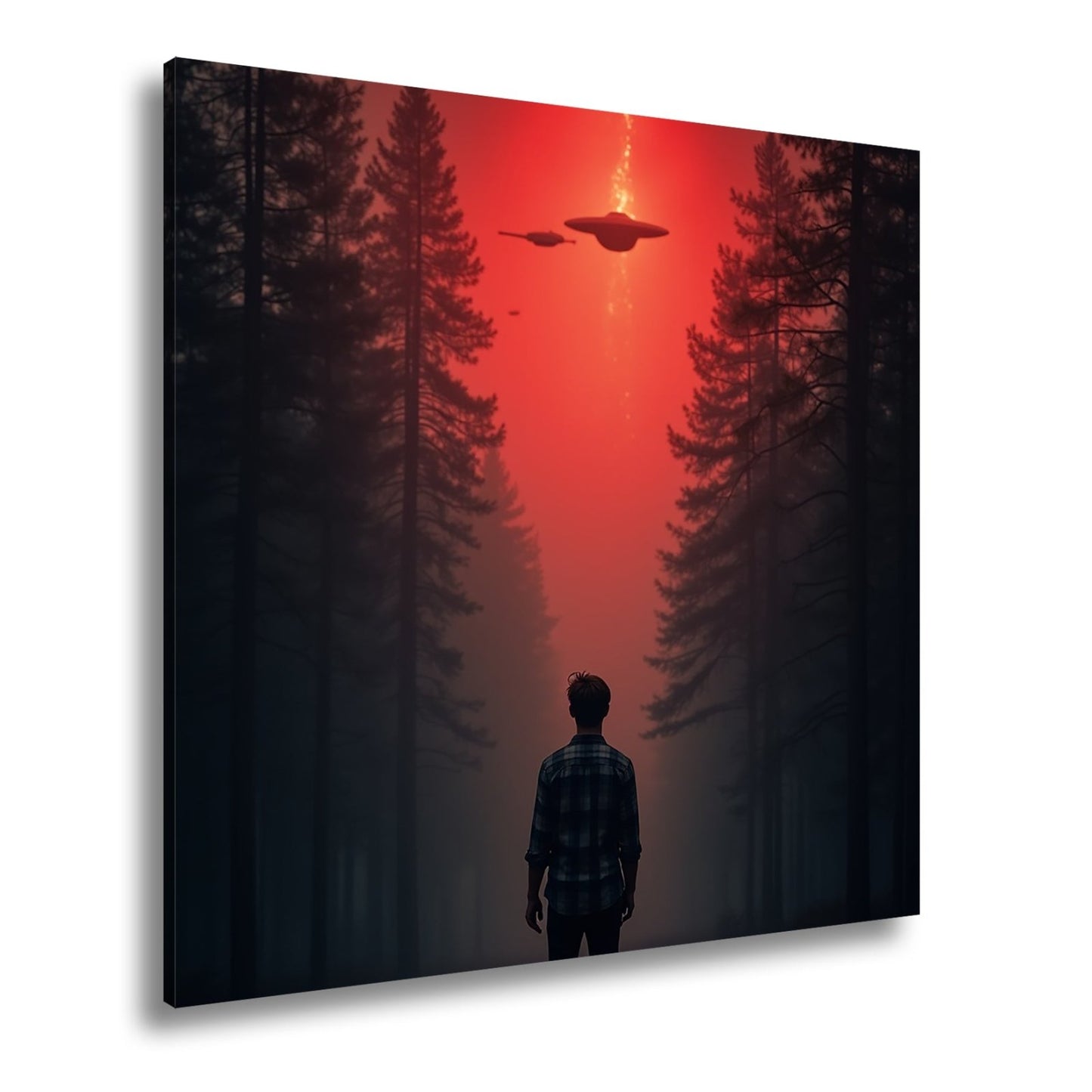 Leinwandbild Ein roter Himmel, Ufos und Staunen im düsteren Wald. - deyoli