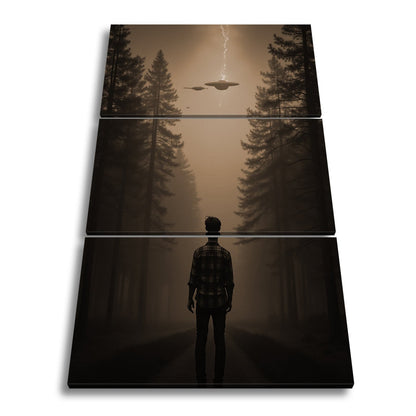 Leinwandbild Ein roter Himmel, Ufos und Staunen im düsteren Wald. - deyoli