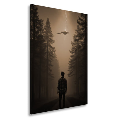 Leinwandbild Ein roter Himmel, Ufos und Staunen im düsteren Wald. - deyoli