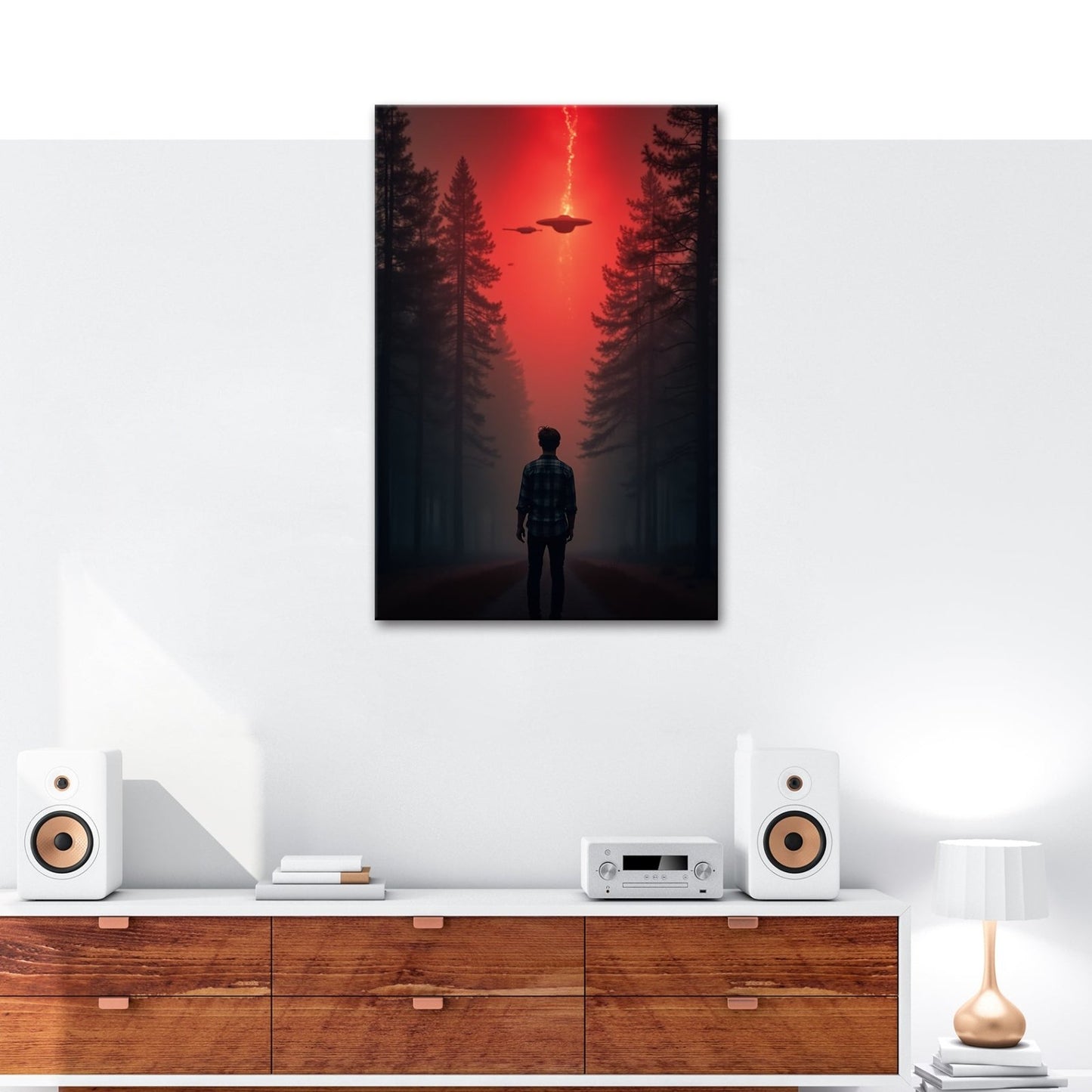 Leinwandbild Ein roter Himmel, Ufos und Staunen im düsteren Wald. - deyoli