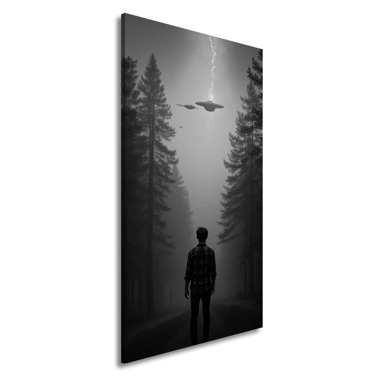 Leinwandbild Ein roter Himmel, Ufos und Staunen im düsteren Wald. - deyoli