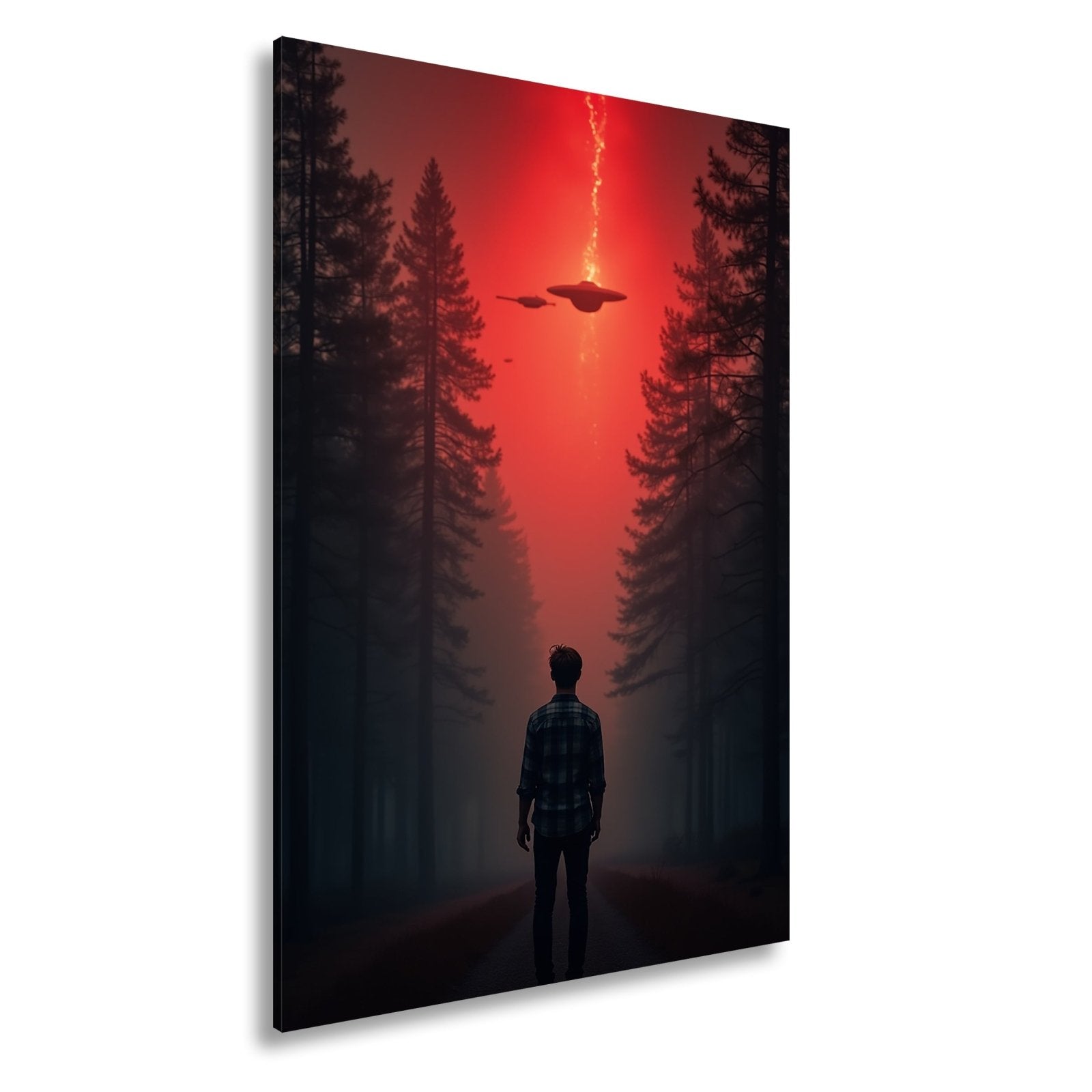 Leinwandbild Ein roter Himmel, Ufos und Staunen im düsteren Wald. - deyoli