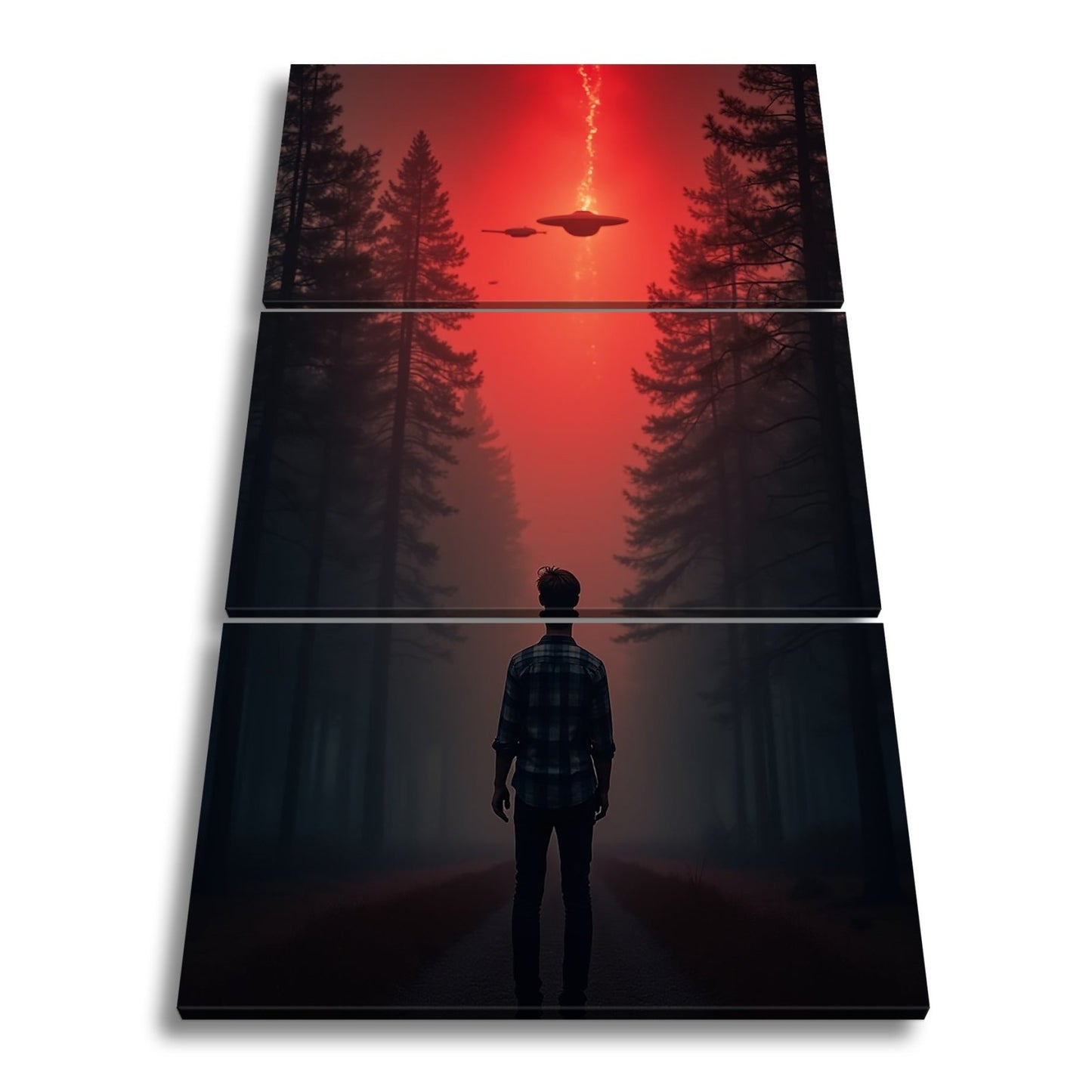 Leinwandbild Ein roter Himmel, Ufos und Staunen im düsteren Wald. - deyoli