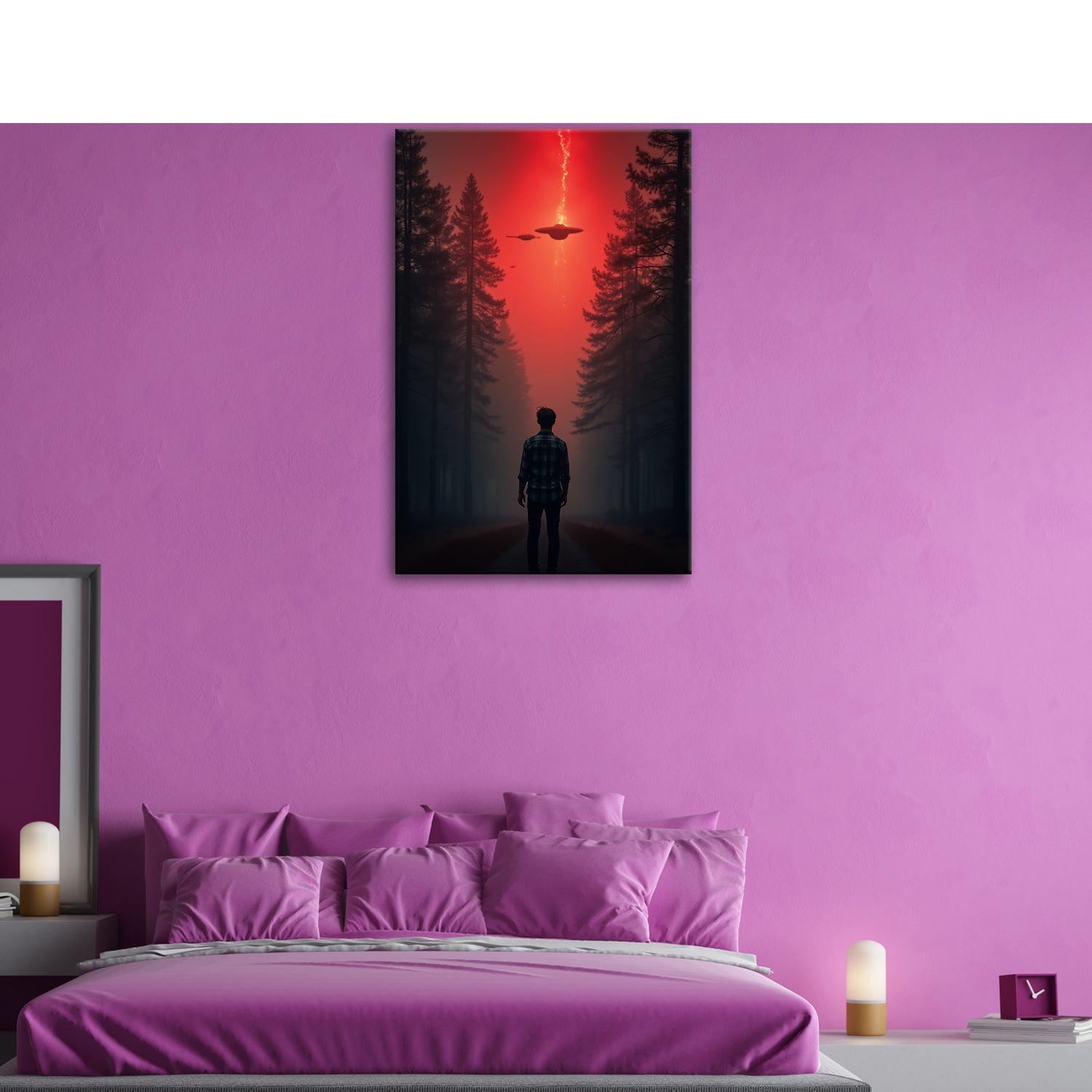 Leinwandbild Ein roter Himmel, Ufos und Staunen im düsteren Wald. - deyoli