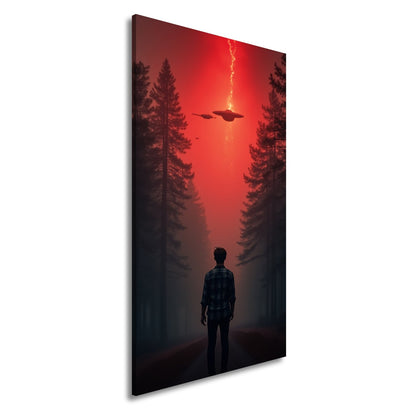 Leinwandbild Ein roter Himmel, Ufos und Staunen im düsteren Wald. - deyoli