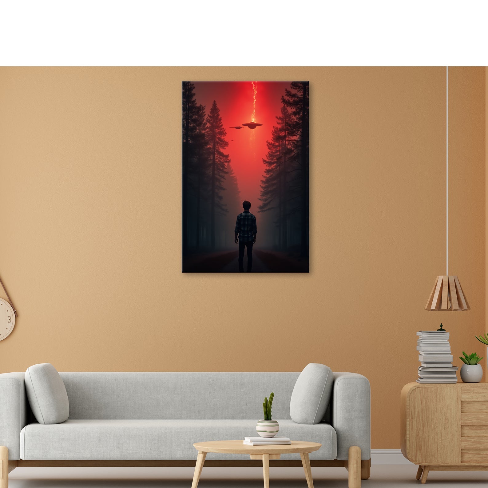 Leinwandbild Ein roter Himmel, Ufos und Staunen im düsteren Wald. - deyoli