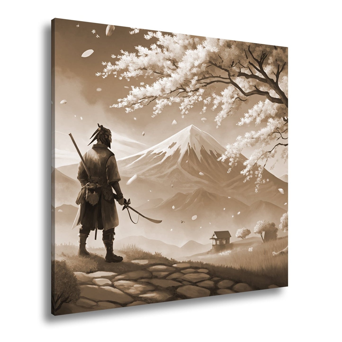 Leinwandbild Ein Samurai blickt auf Fuji - san, umhüllt von Blütenpracht. - deyoli