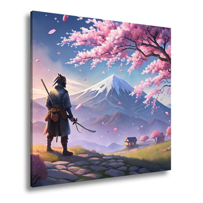 Leinwandbild Ein Samurai blickt auf Fuji - san, umhüllt von Blütenpracht. - deyoli