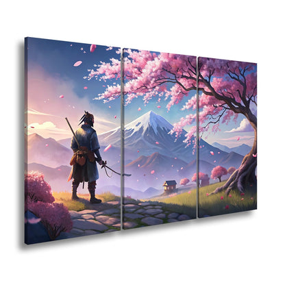 Leinwandbild Ein Samurai blickt auf Fuji - san, umhüllt von Blütenpracht. - deyoli