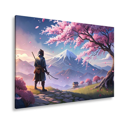 Leinwandbild Ein Samurai blickt auf Fuji - san, umhüllt von Blütenpracht. - deyoli