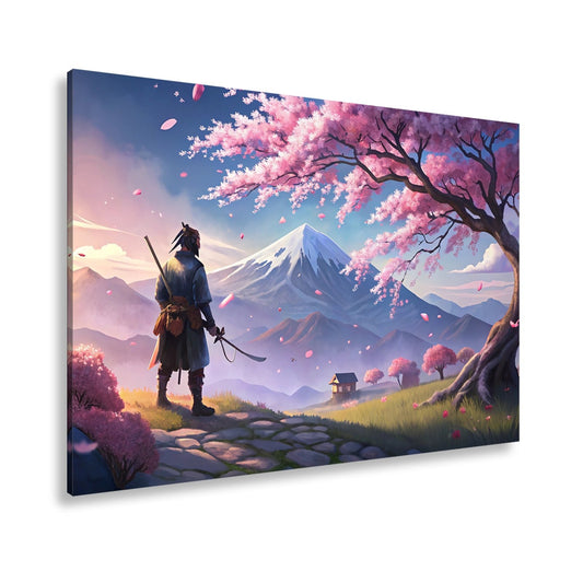 Leinwandbild Ein Samurai blickt auf Fuji - san, umhüllt von Blütenpracht. - deyoli
