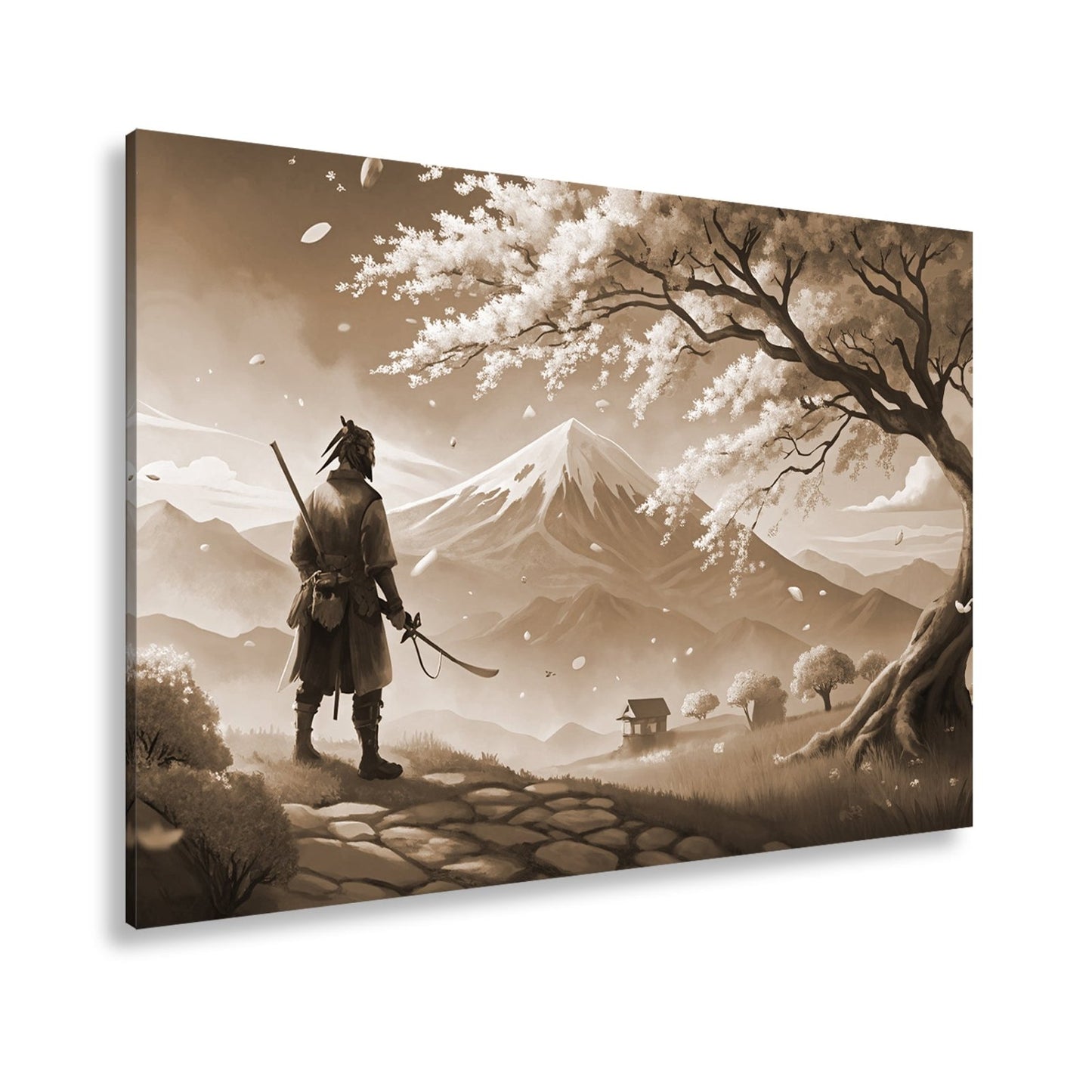 Leinwandbild Ein Samurai blickt auf Fuji - san, umhüllt von Blütenpracht. - deyoli