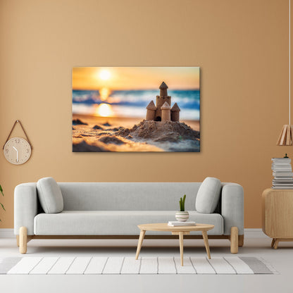 Leinwandbild Ein Sandburgtraum glüht im goldenen Licht des Sonnenuntergangs. - deyoli